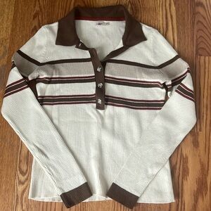Faherty mikki polo sweater beige brown stripe size medium